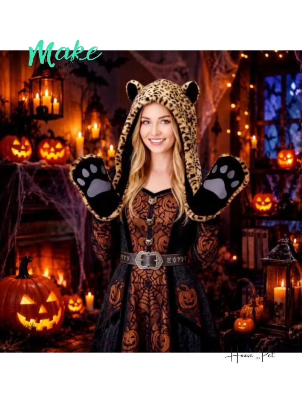 Faux Fur Animal Hood Paw Gloves 3-in-1 Cosplay Halloween Costume